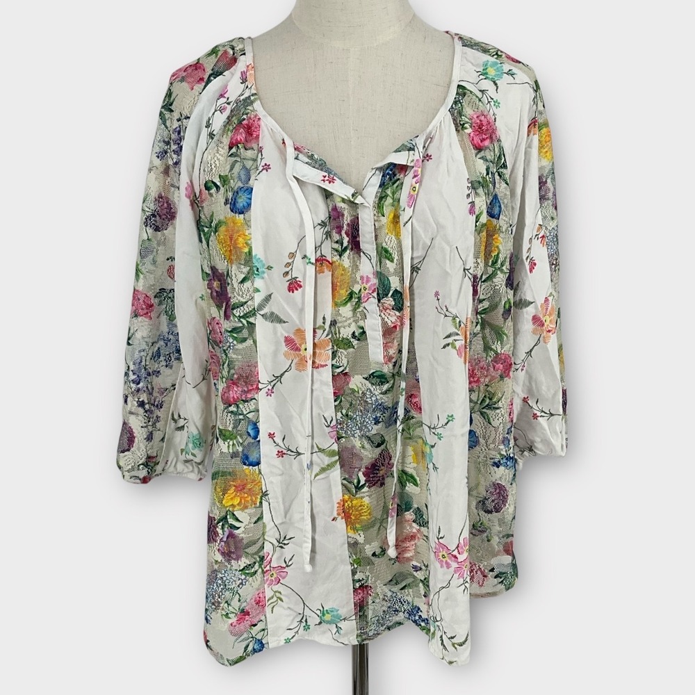 Fig and Flower Floral Lace Patchwork Tie Neck Blouse Top Women Med Cottage Core